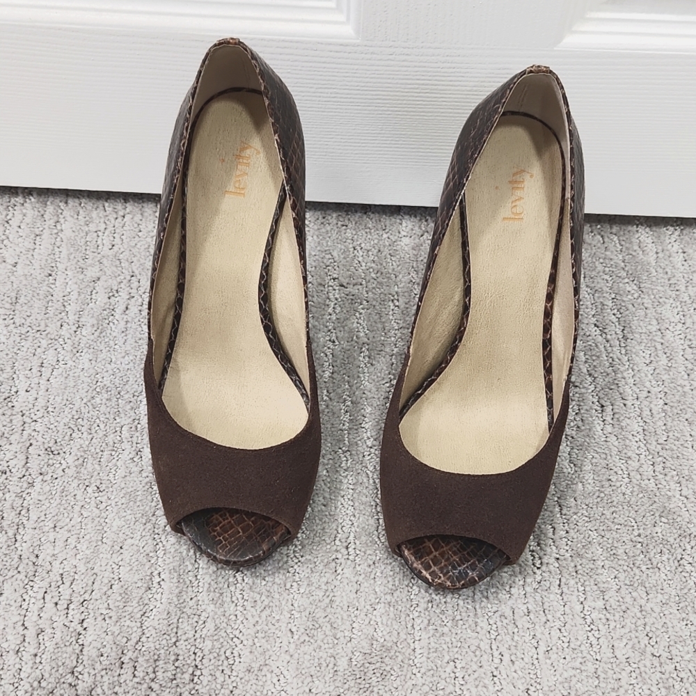 Brown Suede and Snake Print Wedge